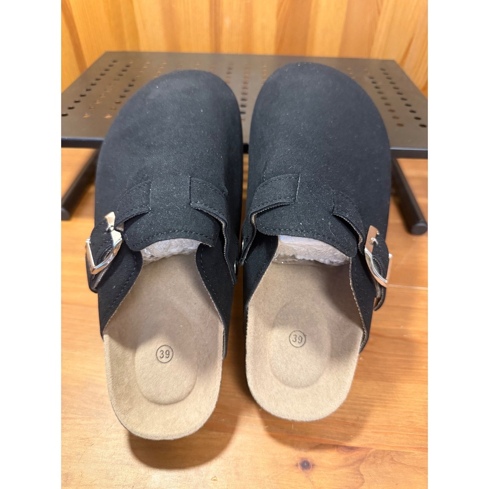 Black Faux Suede Buckle Clogs Mules Cork Footbed Shoes Womens Size 39
